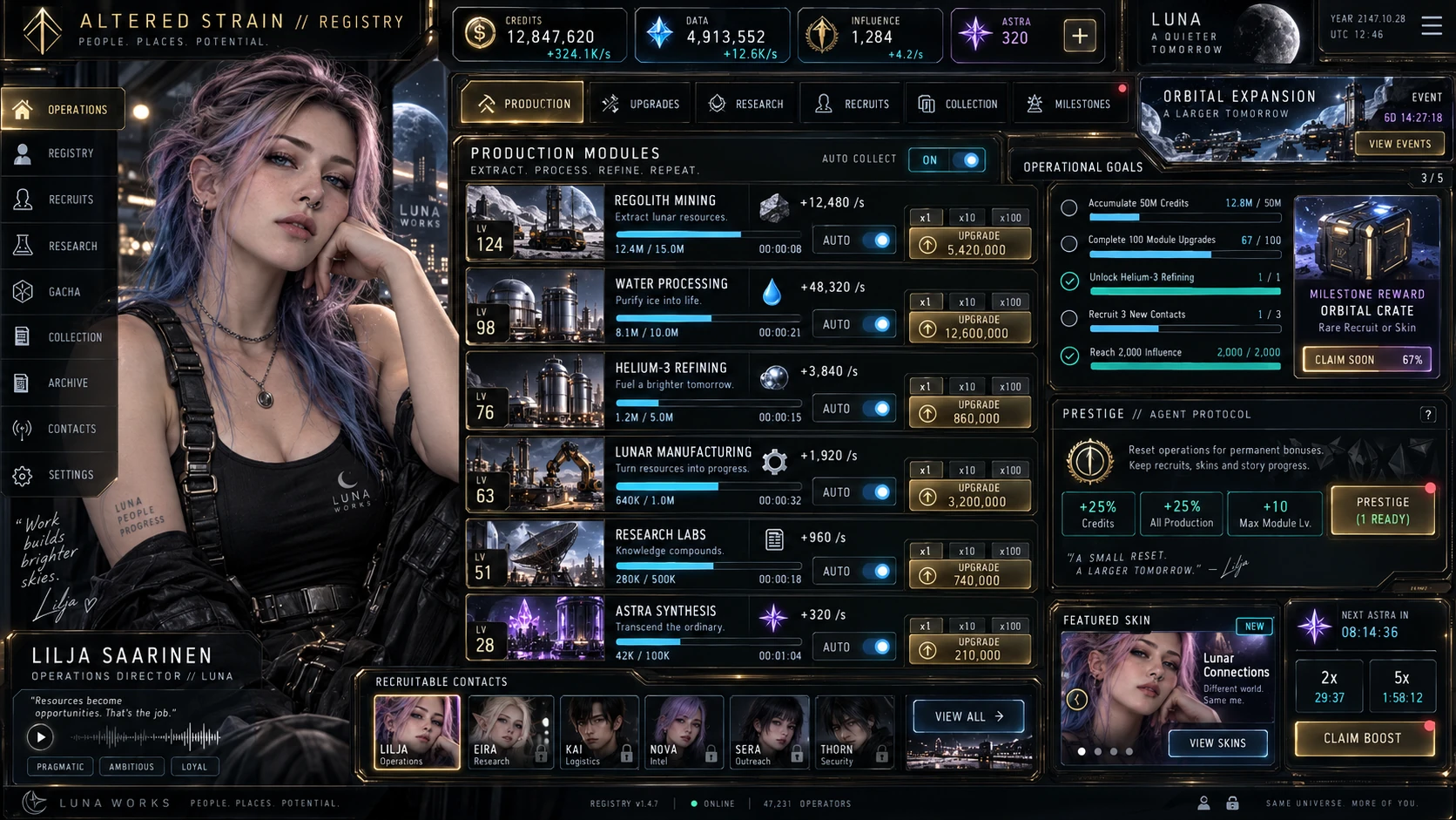Development concept for the Altered Strain Registry interface, showing a photorealistic character, incremental production rows and collectible progression systems.